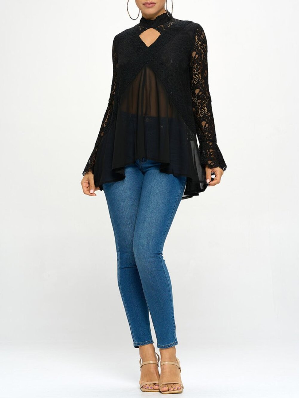 Oh Yes Flowy Lace Trim High Neck Tunic Top Long Sleeve Black New